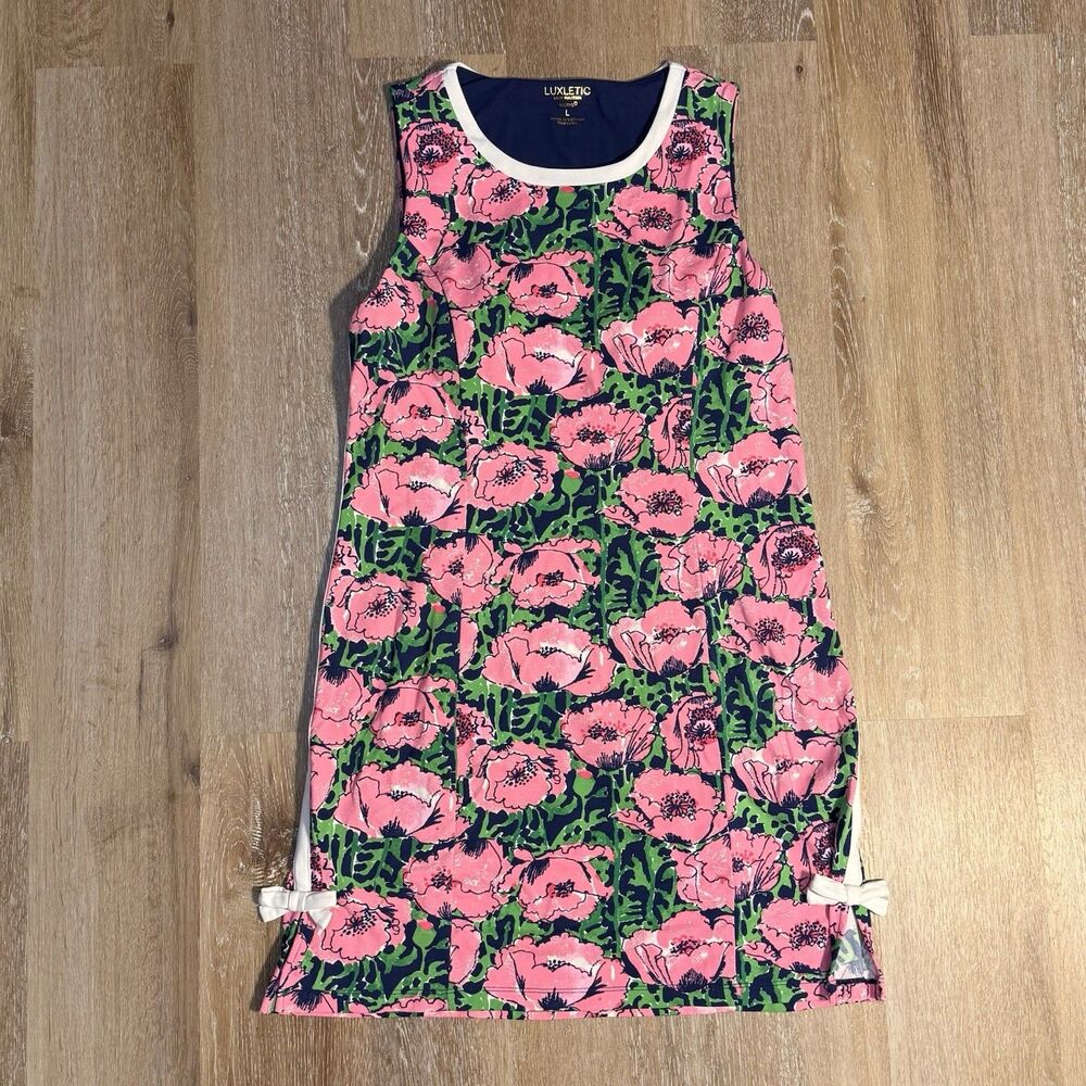 Lilly Pulitzer Luxletic Mela Active Mini Dress Women's Size L Low Tide Navy Pink